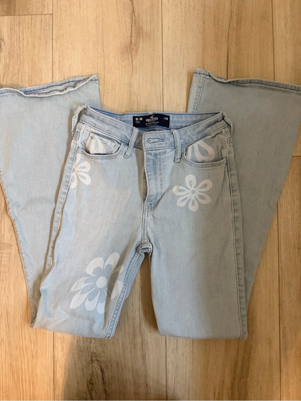 Hollister Light Blue Flared Jeans with White Floral Print